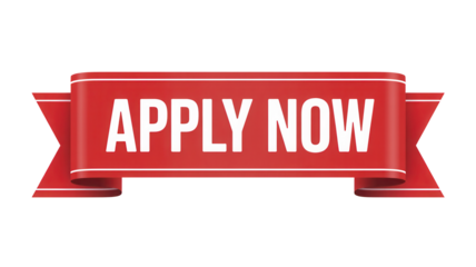 Red ribbon style apply now button with white text isolated on transparent background