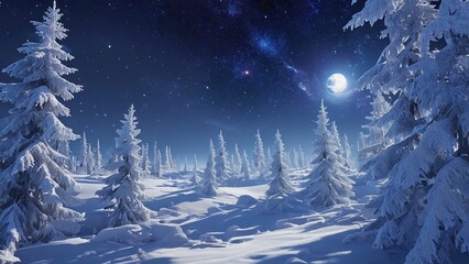 Moonlit winter forest beneath velvet, star sown sky. Snow laden spruces rise like sculptures moonlight paints long shadows. Mood hushed and awestruck, concept of silence, purity and cosmic wonder