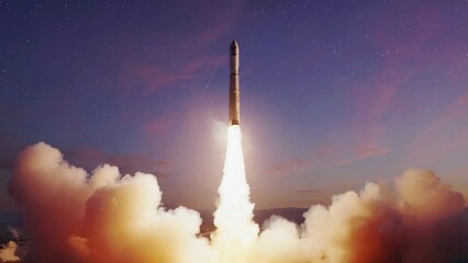 Nighttime rocket launch illuminates sky with its fiery engines, creating dramatic contrast against dark backdrop. Image captures power and dynamism of space exploration