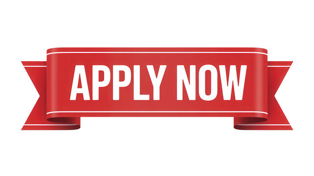 Red ribbon style apply now button with white text isolated on transparent background