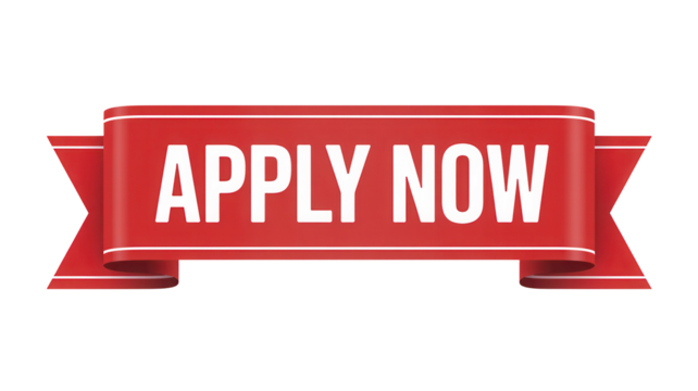 Red ribbon style apply now button with white text isolated on transparent background - Powered by Adobe