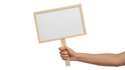 Hand holding a blank wooden protest sign on a stick isolated on transparent background