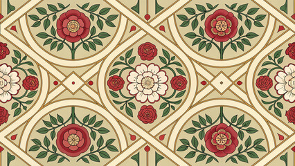 Tudor Rose Lattice Seamless Pattern, European Western Heraldic Floral Tile, Medieval Renaissance Geometric Trellis, Red White Green Gold Vintage Vector Repeat Wallpaper Background