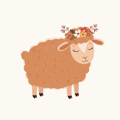A charming boho illustration of a cute brown sheep with a whimsical autumn flower crown. This sweet farm animal is perfect for rustic nursery decor and seasonal designs