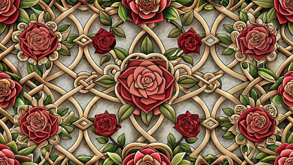 Tudor Rose Lattice Seamless Pattern, European Western Heraldic Floral Interlace, Medieval Renaissance Ornamental Tile, Red Gold Green Vintage Vector Repeat Wallpaper Background