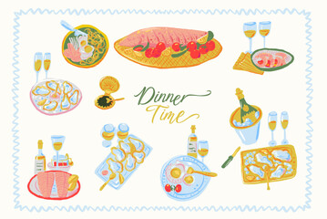 Fototapeta premium Hand-Drawn Dinner Time Food and Drink Collection
