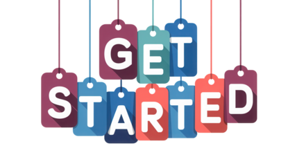 Colorful hanging tags displaying the phrase get started isolated on transparent background