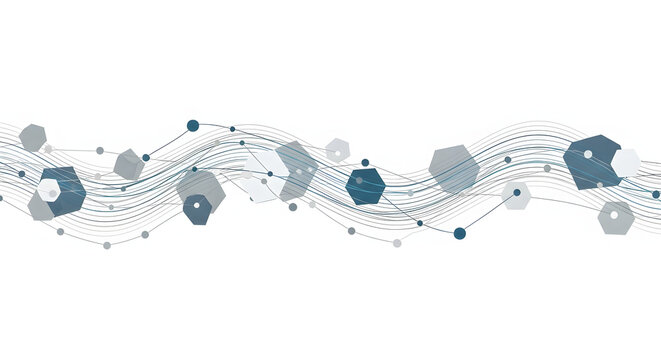 Abstract wave of interconnected geometric shapes and nodes, representing data flow and network connections