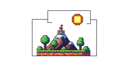 Nostalgic pixel art landscape fantasy castle on snowy mountain, vibrant trees and sun, classic video game level concept ideal for retro gaming and digital world designs