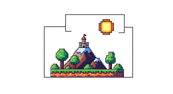 Nostalgic pixel art landscape fantasy castle on snowy mountain, vibrant trees and sun, classic video game level concept ideal for retro gaming and digital world designs