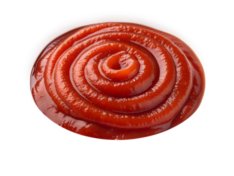 Delicious red ketchup forms a smooth, glossy swirl, presented as an isolated element on a transparent background, perfect for culinary use.