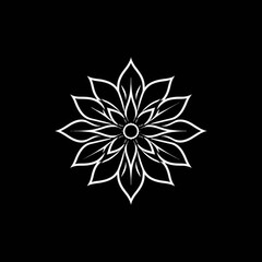 White floral design with pointed petals radiating from a central circle on a black background.