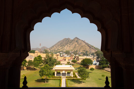 Framed View of the Outer Fortifications and Hills from the Inner Courtyard of Amer Fort, Jaipur