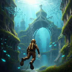 Fototapeta premium A fantasy digital art piece of a diver in a vintage deep-sea diving suit exploring the majestic ruins of a sunken city like Atlantis. Sunbeams pierce the ocean depths as schools of glowing fish