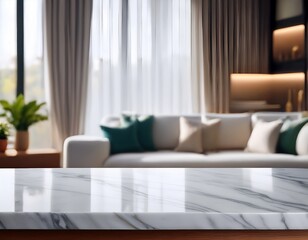 white marble countertop with a gently out of focus cozy room and curtain background suitable for product presentation or montage