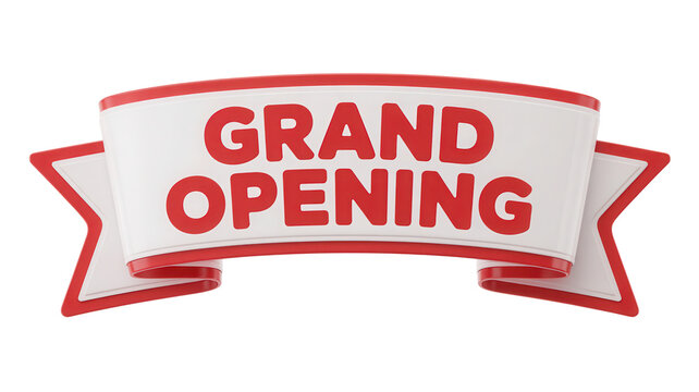 Festive grand opening banner with bold red text announcing a new business event isolated on transparent background