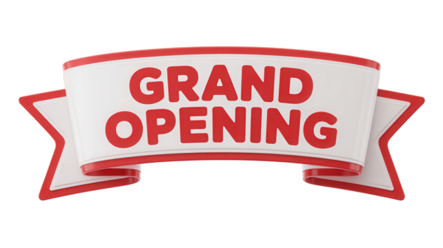 Festive grand opening banner with bold red text announcing a new business event isolated on transparent background - Powered by Adobe