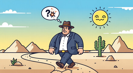 Confused Businessman in Suit Lost and Thinking in a Hot Desert Landscape Illustration