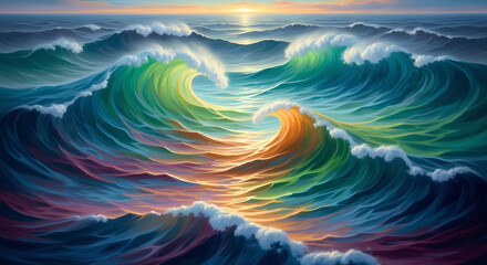 Vibrant Rainbow Waves and Ocean Swell at Sunset or Sunrise Digital Painting