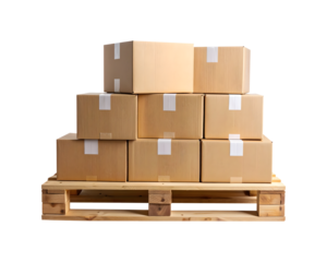 A neat stack of sealed cardboard shipping boxes arranged on a wooden pallet, prepared for freight delivery and isolated on a white background