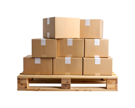 A neat stack of sealed cardboard shipping boxes arranged on a wooden pallet, prepared for freight delivery and isolated on a white background