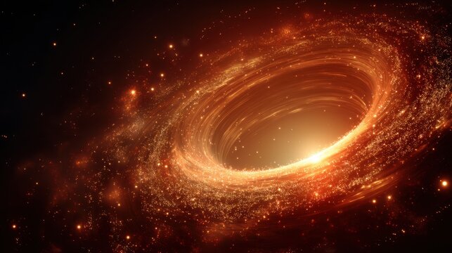 Abstract vortex of glowing orange particles and light. Spiral swirl of shimmering starlike points. Cosmic energy and futuristic technology concept.