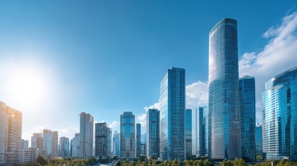Modern city skyline with glass building and skyscraper. Urban landscape for business development concept with clear sky in bright day.