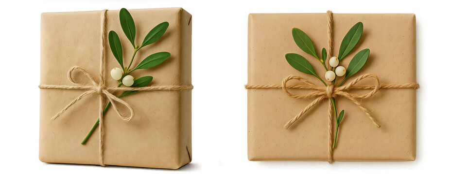 Eco style gift boxes wrapped in kraft paper with sprig of mistletoe &mdash; natural Christmas and New Year packaging