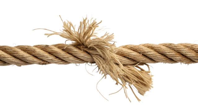 A natural fiber rope is fraying in the middle, showing wear and tear, isolated on transparent background.