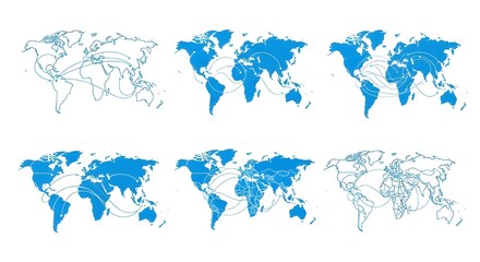 World map animation with data flow lines representing global communication and internet network connections