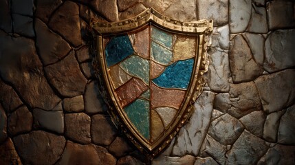 Ornate golden medieval shield with stained glass like pattern on a textured stone wall. Old renaissance and fantasy weapon decoration.