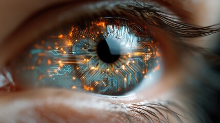 Close up of a human eye with integrated circuit pattern. Visionary concept of bionic technology, artificial intelligence. Data processing.