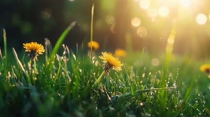 Bright yellow dandelion flower blooming in lush green grass with glistening dew drops at sunrise. Spring morning in a field with natural light bokeh.