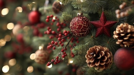 Decorated christmas tree branch with ornaments, pine cone, and red berries. Holiday season celebration concept for background design.