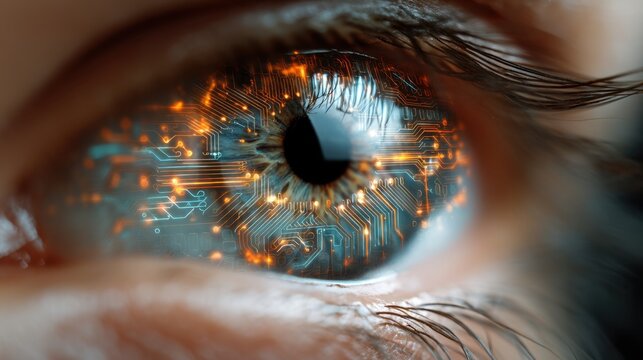 Close up of a human eye with integrated circuit pattern. Visionary concept of bionic technology, artificial intelligence. Data processing.