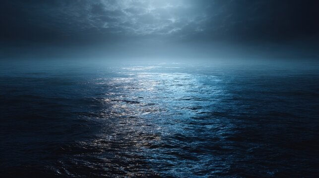 Calm dark ocean surface at night under cloudy sky with moonlight reflecting on water, vast blue sea for background