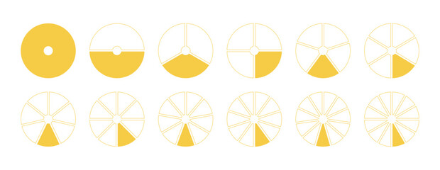 Circles divided diagrams on from 1 to 12 equal parts. Segments wheel round divide infographic. Coaching blank template. Graph pie, pizza shape section charts simple yellow icons. 
