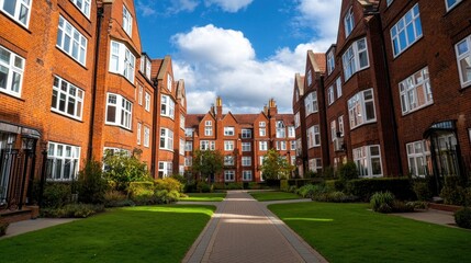 Courtyard with traditional brick apartment buildings and green lawn under a summer sky. Residential block with classic architecture.