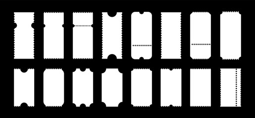 Admit one tickets mockup. Set of empty templates. Ticket pattern for cinema, circus, theater, festival, casino, club. Boarding blanks, lottery, sale coupons. White blanks backgrounds.