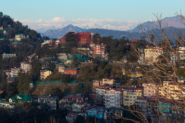 Himalayan Majesty: The Colorful Hill Station of Shimla Overlooking Snow-Capped Peaks, India