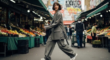 Chic model strides confidently through a vibrant urban market showcasing modern fashion and fresh produce