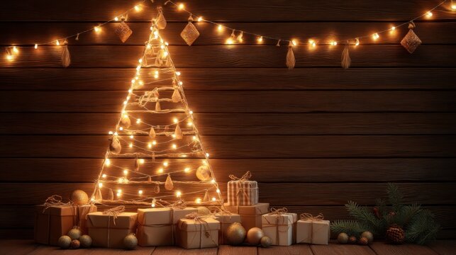 Illuminated Christmas tree outline with fairy lights, festive gifts, and rustic decor on a dark wood background. Cozy holiday celebration concept for seasonal design.