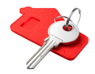 Silver Key with Red House Keychain Isolated on Transparent Background