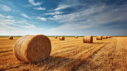 Fototapeta premium Golden straw bales dotting a vast agricultural field under a bright blue sky. Harvest season and rural landscape concept.