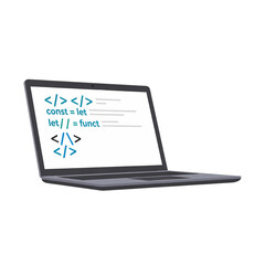 Laptop computer with programming code on the screen isolated on white.