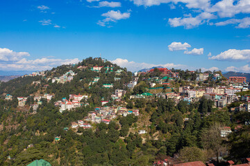 Colorful Hill Station Architecture Nestled Across the Lush Green Ridges of Shimla Under a Bright Blue Sky, Himachal Pradesh, India