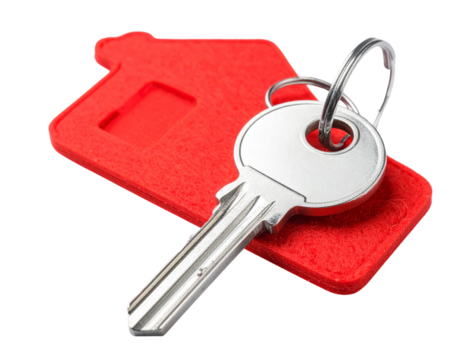Silver Key with Red House Keychain Isolated on Transparent Background