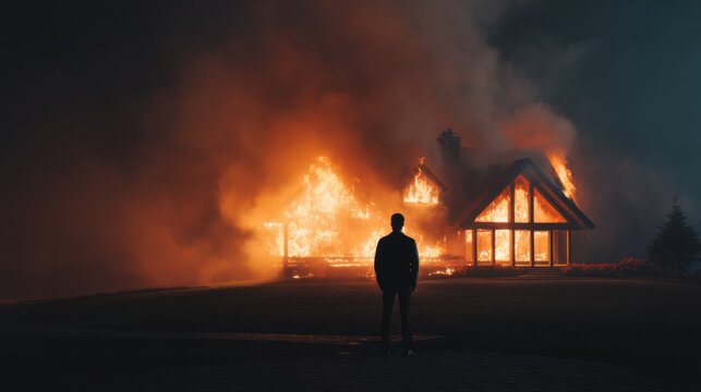 Man watching his house burning down. Concept of devastating loss and property destruction from fire. Home safety and emergency. - Powered by Adobe