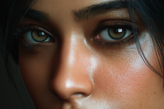 Hyperrealistic Portrait fair Indian woman with flawless detailed skin texture, cinematic realism tone