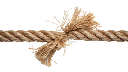 A brown twisted rope is severely fraying at its center, showing great stress and potential to break, isolated on a transparent background.